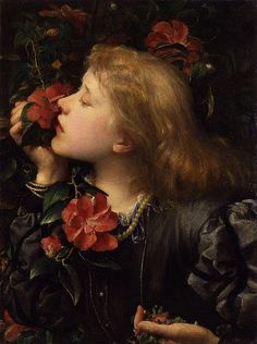 George Frederic Watts, The Choosing, Oil on canvas, c.1864 Portrait of Ellen Terry, G.F Watts first wife. Terry and her sister Kate had their portraits painted by the eminent artist George Frederick Watts, and he soon proposed marriage. Watts's famous portraits of Terry include "Choosing," in which Terry must select between earthly vanities, symbolised by showy, but scent-less camellias and nobler values symbolised by humble-looking, but fragrant violets. Smelling Flowers, Girl With Flowers, Flowers In Her Hair, Victorian Art, Classical Art, Classic Art, Red Flowers