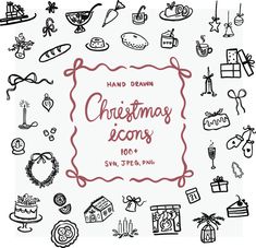 hand drawn christmas icons in red and black on a white background with the words, hand drawn