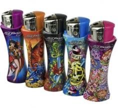 six different colored lighters with designs on them