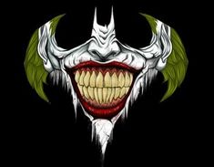 an evil clown with green hair and fangs