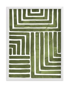 a green and white abstract painting in a white frame on the wall above it is a square pattern that looks like an interlocked rectangle