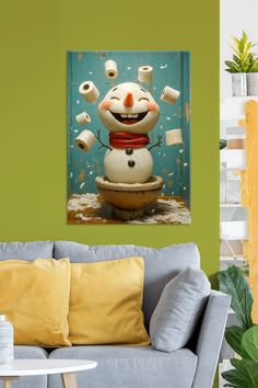 a snowman is in the middle of toilet paper falling from his mouth and making funny faces