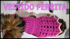 a small dog wearing a pink crocheted sweater