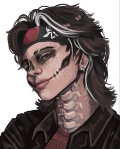 a drawing of a person with tattoos on their face and neck, wearing a bandana