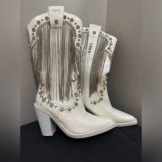 These Boots Are Very Sought After!!! These Boots Have Cool Fringe!!!! The Inside Zips Up And Has A Little Heart Zipper Pull. Sugar Thrillz Trendy White Knee-high Heeled Boots, White High Heel Mid-calf Boots With Reinforced Heel, White Mid-calf High Heel Boots With Reinforced Heel, White Closed Toe Winter Boots, White High Ankle Boots With Reinforced Heel, White Pointed Toe Mid-calf Boots For Spring, White Heeled Boots For Spring Party, White Mid-calf Boots For Party In Fall, Chic White High Ankle Mid-calf Boots