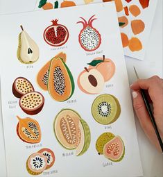 a hand holding a pencil over some fruit illustrations