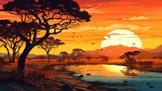 a painting of a sunset with trees and water