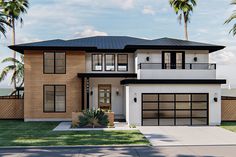 this is an artist's rendering of a modern house with palm trees in the background