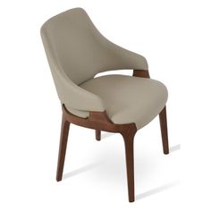 an upholstered chair with wooden legs