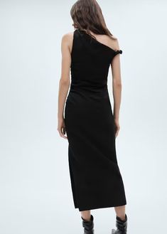 Asymmetrical dress with gathered details - Women | MANGO USA 2023 Wishlist, Asymmetrical Neckline, Suit Vest, Asymmetrical Design, Asymmetrical Dress, Wide Straps, Dress Details, Festival Season, Side Zipper