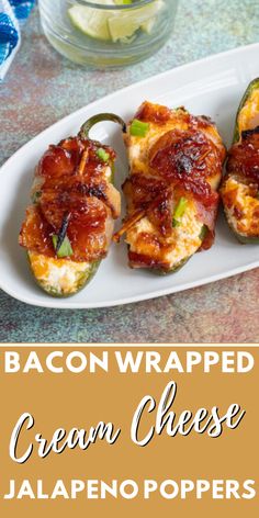 Crispy bacon wrapped stuffed jalapeno poppers on white plate. Bacon Wrapped Peppers, Bacon Wrapped Cream Cheese, Stuffed Jalapeno Poppers, Bacon Wrapped Stuffed Jalapenos, Best Jalapeno Poppers, Cream Cheese Stuffed Jalapenos, Bacon Wrapped Recipes, Bacon Wrapped Cheese, Stuffed Jalapeno