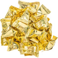 a pile of gold foiled candy bars on a white background with the words party sweets