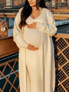 Momyknows White Knitting V-Neck Bodycon Two Pieces Cardigan Elegant Baby Shower Maternity Maxi Sweater Dress Maternity Dresses With Cardigans, Pregnant In The Fall, Long Sleeve White Sweater Dress, Maternity Knit Dress, Two Piece Maternity Dress, Maternity Holiday Photos, Fall Winter Dress Outfits, Maternity Floral Dress, Maternity Party Outfit Winter