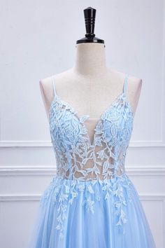 Expertly crafted with a plunging v-neck and insert mesh, this Lace-Up Light Blue Sheer Corset A-Line Formal Dress is perfect for any formal occasion. The sheer corset bodice boasts beautiful appliques, while the a-line skirt enhances your silhouette. The lace-up back is easy to adjust, adding a touch of elegance. ♡ SKU: FV12584 ♡ Shown Color: Light Blue ♡ Fabric: Tulle ♡Fully lined & Built with bra ♡ Our dresses run true to size. ♡ Besides stand sizes 2-16, we still offer free custom size, which Blue V-neck Evening Dress For Prom Season, Sheer Bodice V-neck Tulle Evening Dress, Blue V-neck Evening Dress For Prom, V-neck Tulle Evening Dress With Sheer Bodice, V-neck Lace Bodice Evening Dress For Prom, V-neck Prom Evening Dress With Lace Bodice, V-neck Evening Dress With Illusion Neckline And Fitted Bodice, Light Blue V-neck Party Evening Dress, Sheer Bodice V-neck Evening Dress For Prom