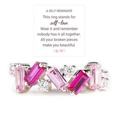 PRICES MAY VARY. 【Nobody Has It All Together Pink Band Ring】: A Self-Reminder, this inspirational pink band ring stands for self-love. Wear it and remember nobody has it all together. All your broken pieces make you beautiful. The irregular and colorful gemstones symbolize broken life, but also symbolize a brilliant and colorful life. 【High-Quality Materials】：This pink ring is made of cubic zirconia and S925 plated with 18k white gold. Nickel-free, hypoallergenic, can be worn for a long time. Pi Pink Self Love, Self Love Ring, Embrace Imperfections, Colorful Gemstones, Broken Pieces, Romantic Gestures, Colorful Life, Makes You Beautiful, Self Reminder