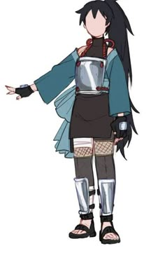 an anime character with long black hair wearing armor and holding her arms out to the side