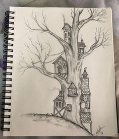 a pencil drawing of a tree with houses on it and a fence around the tree