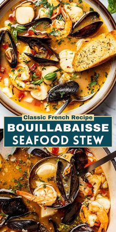 two bowls of seafood stew with bread on the side and text overlay reading classic french recipe bouillabaise seafood stew