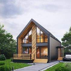 a modern house with wood siding and glass windows