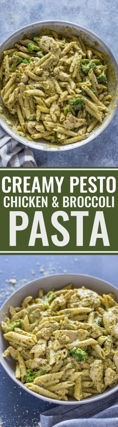 creamy pesto chicken and broccoli pasta in a pan