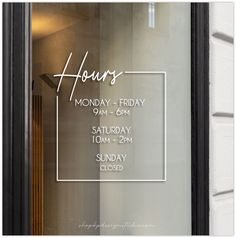 Hours Window Decal | Hours of Operation | Modern Storefront | Business Hours | Restaurant Hours | Office Hours | Customized with Your Hours by KoalaPrintworks on Etsy Business Hours Sign Design, Salon Outside Decor, Spa Ideas Business Interior Design, Window Shop Design, Luxury Store Design, Window Decals Business, Window Vinyl Design, Store Window Design, Med Spa Design