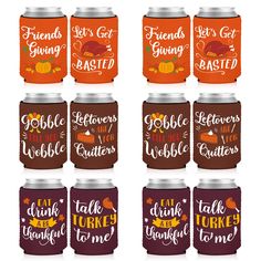 a set of six beer cans with thanksgiving sayings