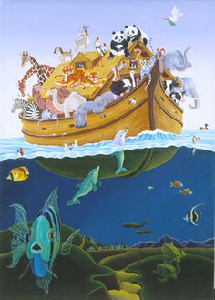 a painting of animals on a boat in the ocean