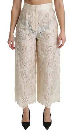 Dolce & Gabbana Elegant High Waist Palazzo Cropped Women's Pants Fabric Techniques, Pants Model, Cropped Pants Women, Pants Fit, Beach Pants, Dolce E Gabbana, 2023 Fashion, Cream Lace, Cropped Trousers