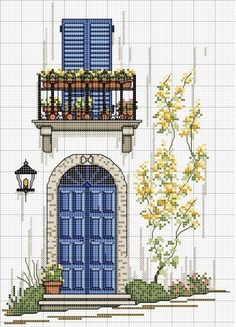 a cross stitch pattern with a blue door and flowers on the balcony, next to a lamp post