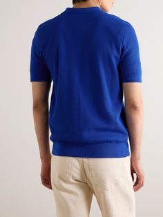 EXCLUSIVE AT MR PORTER. Sunspel really excels when it comes to crafting quality basics. This polo shirt is spun from breathable cotton and fastens with a trio of tonal buttons. Wear it underneath a relaxed blazer or over a patterned T-shirt. Blue Polo Collar Top With Ribbed Detail, Blue Casual Polo Shirt With Ribbed Collar, Casual Blue Polo Shirt With Ribbed Collar, Sporty Solid Color Crew Neck Polo Shirt, Blue Short Sleeve Tops With Ribbed Collar, Blue Short Sleeve Top With Ribbed Collar, Classic Blue Tops With Ribbed Collar, Solid Cotton Top With Ribbed Collar, Classic Blue Top With Ribbed Collar