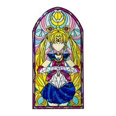 a stained glass window with a sailor girl on it's chest and hands in her pockets