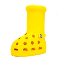 The Mschf X Crocs Big Red Boot (Yellow) Is A Collaborative Shoe From Crocs And Mschf Featuring The Famous Big Red Boot With A Crocs Twist. New Size 7. Dressed In Yellow, This Iteration Of The Big Red Boot Is Made Of Tpu Rubber And Features Several Crocs Elements, Including The Signature Heel Strap And Perforated Holes. The Signature Mschf Three Exclamation Marks Logo And The Crocs Crocodile Logo On The Rivet Pins That Connect The Strap To The Boot Contrast The Upper In A Black And White Color Sc Iron Ranger Boots, Barefoot Boots, Iron Ranger, Composite Toe Work Boots, Crocodile Logo, Star Boots, Red Wing Boots, Roper Boots, Black Riding Boots