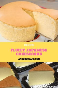 a close up of a cake on a plate with the words recipe fluffy japanese cheesecake