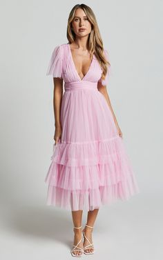 Jiraye Midi Dress - Flutter Sleeve Tuelle Plunge Dress in Ballet Pink | Showpo USA Blush V-neck Dress For Party, Blush V-neck Party Dress, Tulle Dress With Flutter Sleeves For Party, Summer Tulle Dress With Flutter Sleeves, Feminine Tulle V-neck Dress, Blush Tulle Party Dress, Blush Dress For Summer Party, Blush Party Dress For Summer, Blush Summer Party Dress