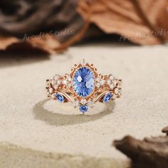 a blue and white ring sitting on top of a sandy ground next to leaves,