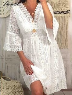 Tavimart Woman Clothing Summer Dress for Women 2023 New In Lace Short Dress Elegant Party Dresses Streetwear Beach Party Sexy Dress Beach V-neck Lace Dress, White Hollow Out Mini Dress For Vacation, Hollow Out Beach Party Dress, Summer Dress With Hollow Out Design For Beach Party, Summer Dress With Hollow Out Details For Beach Party, Summer Hollow Out Dress For Beach Party, Bohemian Hollow Out Dress For Beach Party, Mini Beach Cover-up Dress With Hollow Out Details, Mini Beach Cover-up Dress With Hollow Out