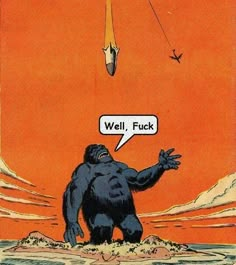 an illustration of a giant gorilla standing in front of a bird flying over it's head