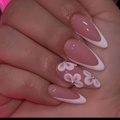 Short Almond Nails Asian, Pink And White Nails French Almond, White French Almond Nails, White Nails Almond Shape, Almond Nails Designs Pink, Birthday Nails Almond Shape, Almond Nails With Gems, Grad Nails, Everyday Nails