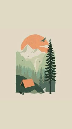 an illustration of a tent in the woods with mountains and birds flying over it at sunset