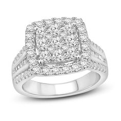 a white gold ring with two rows of diamonds on the band and a square shaped center surrounded