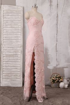 This sophisticated pink beaded lace sheath evening prom bridal dress features spaghetti straps bodice with a scalloped V neckline, floor length skirt with sexy thigh-high slit. shown color: pink with build-in-bra no boning side zipper closure fully lined Lunss Dresses, Baby Pink Bridesmaids Dresses, Light Pink Prom Dress, Baby Pink Dresses, Prom Dresses Long Pink, Baby Pink Color, Pink Long Dress, Pink Evening Dress, Scalloped Neckline