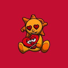 a teddy bear holding a heart on a red background