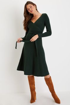 Green Surplice Dress - Midi Sweater Dress - Surplice Dress - Lulus Professional Dresses Women, Flared Skater Skirt, Green Sweater Dress, Midi Sweater Dress, Fancy Frocks, Christmas Dress Women, Winter Dress Outfits, Sophisticated Dress, Grad Dresses