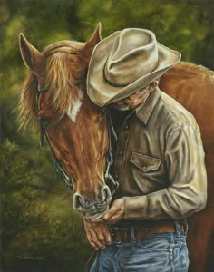 a painting of a man in cowboy attire hugging a brown horse's head with trees in the background