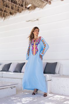 *Note : The kaftan in the video is a different color and is only displayed to show the fit, flow, and cut of the Kaftan. You will receive the one in the pictures.* A bohemian flash caftan made of light mesh of linen and poly, the fabric is unique in that it's very flowy and not the usual feel and touch of linen. This Kaftan is ideal to wear for any casual occasion. Whether taking a trip down the shopping lane, or home-based kitty parties, or about anything else, wearing this dress will make you