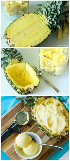 the pineapple is cut in half and ready to be eaten