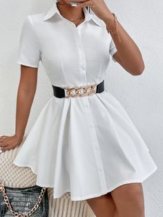 White Elegant Collar Short Sleeve Fabric Plain Shirt Embellished Non-Stretch Summer Women Clothing Mode Inspo, Looks Chic, Teenage Fashion Outfits, Look Fashion, Classy Outfits, Elegant Dresses, Chic Outfits, Cute Dresses, Fashion Inspo Outfits