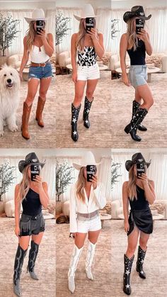 four different pictures of a woman in cowboy hats and boots taking photos with her cell phone