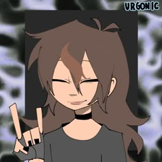 an anime character with long brown hair holding up two fingers