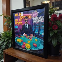 a framed poster with a man in a suit sitting at a table surrounded by potted plants